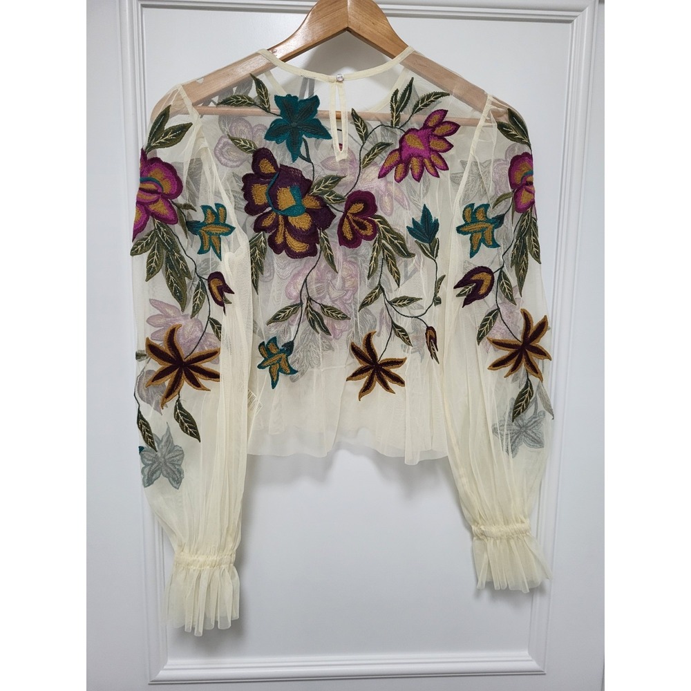 By Anthropologie Layla Sheer Multicolor Floral Embroidered Garden Fairy Top XS - Picture 4 of 7